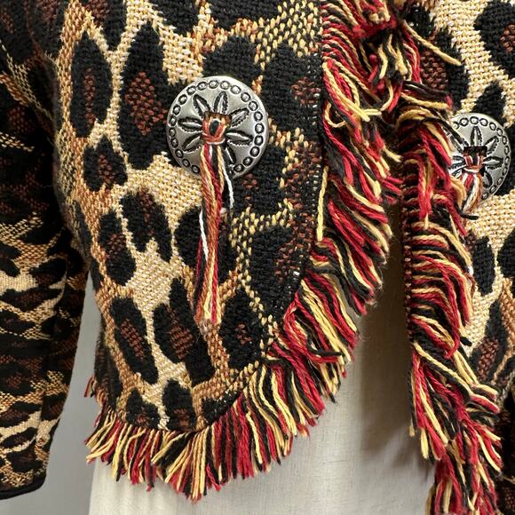 Vintage Cache Leopard Print Woven Fringe Bolero Blanket Jacket Size Small Cotton - Picture 6 of 16